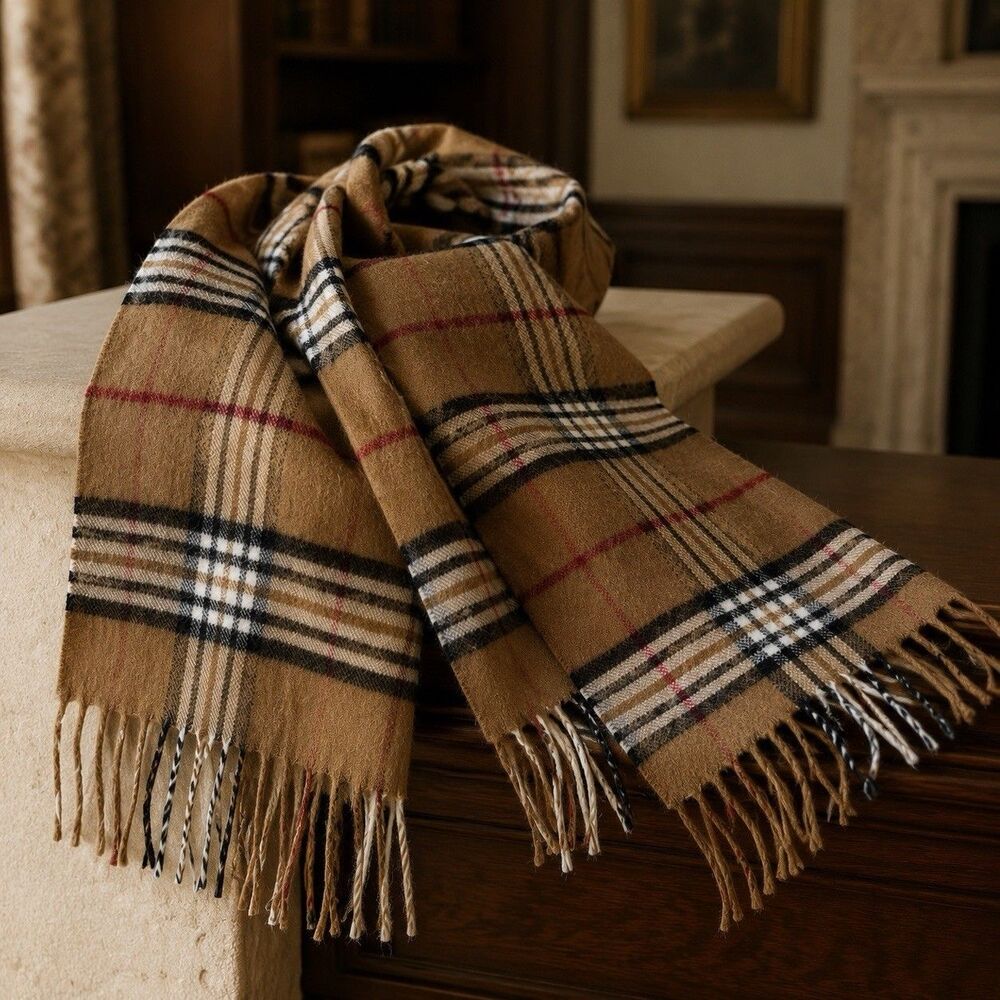100% Cashmere Scarf Camel Plaid Check Fringe 66” Unisex Quiet Luxury Preppy
